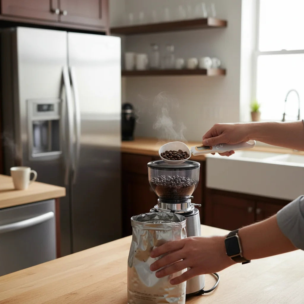 Person using Precision Measuring Spoons - Perfect for Healthy Cooking to measure coffee beans.