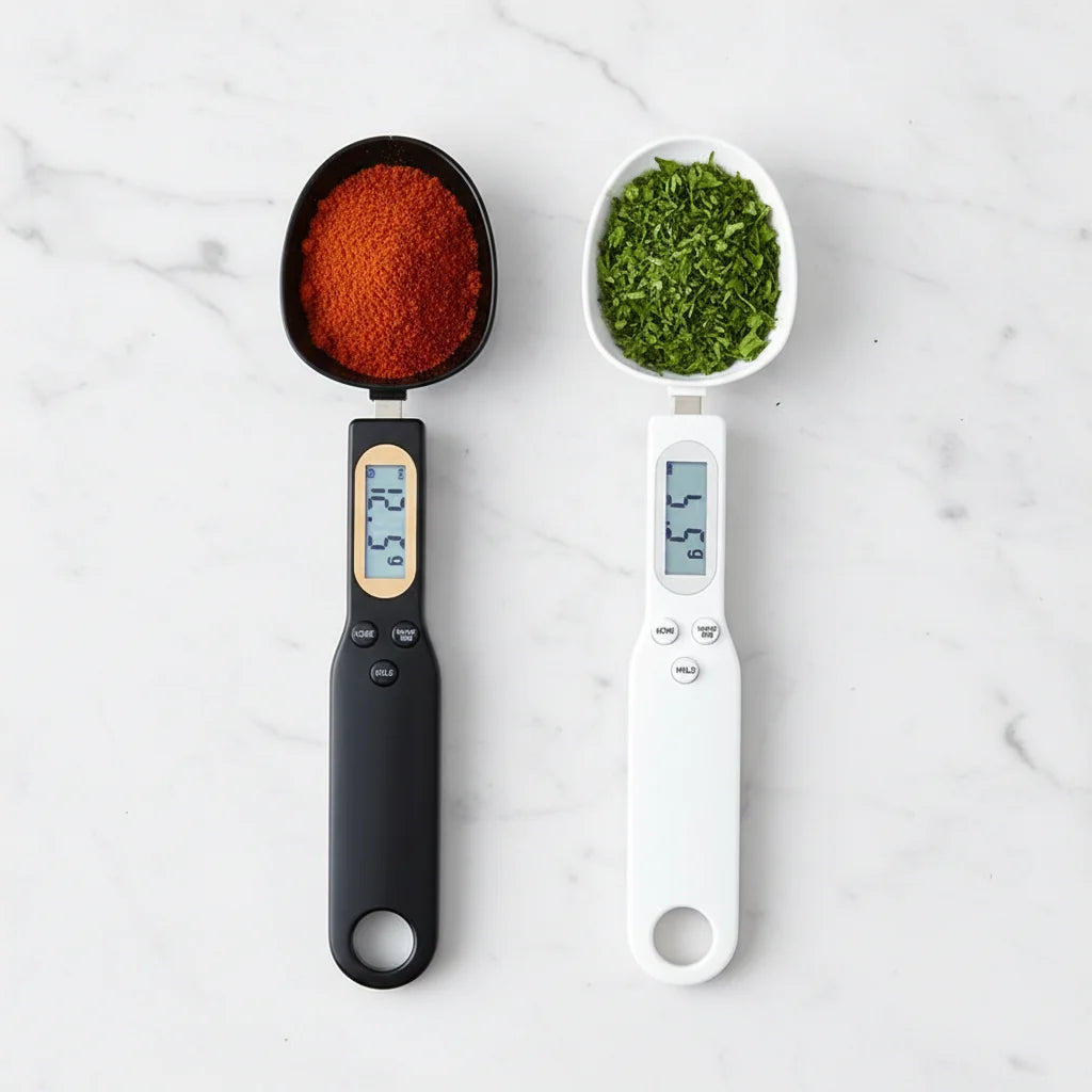 Precision Measuring Spoons - Perfect for Healthy Cooking with digital display measuring spices and herbs.
